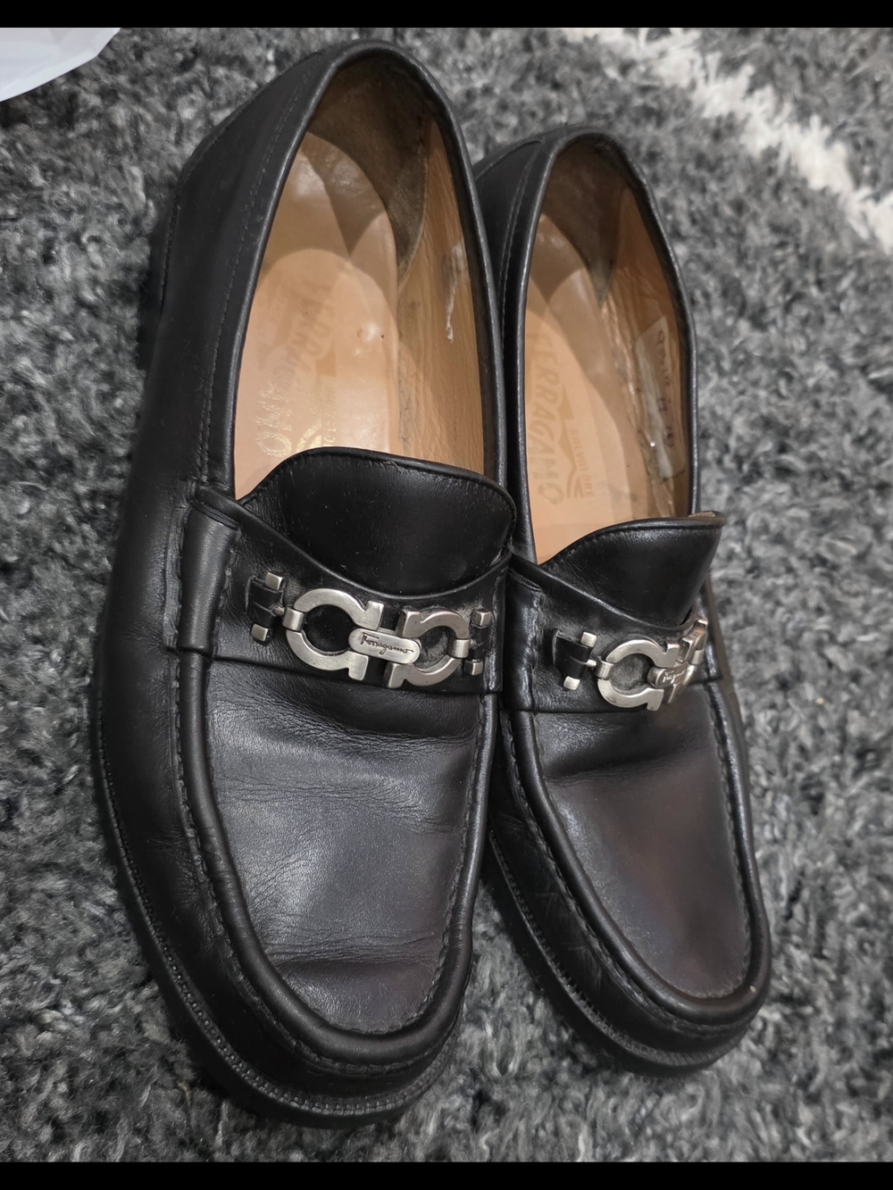 Salvatore Ferragamo Black Leather Loafers with Silver Gancini Hardware Size 7.5